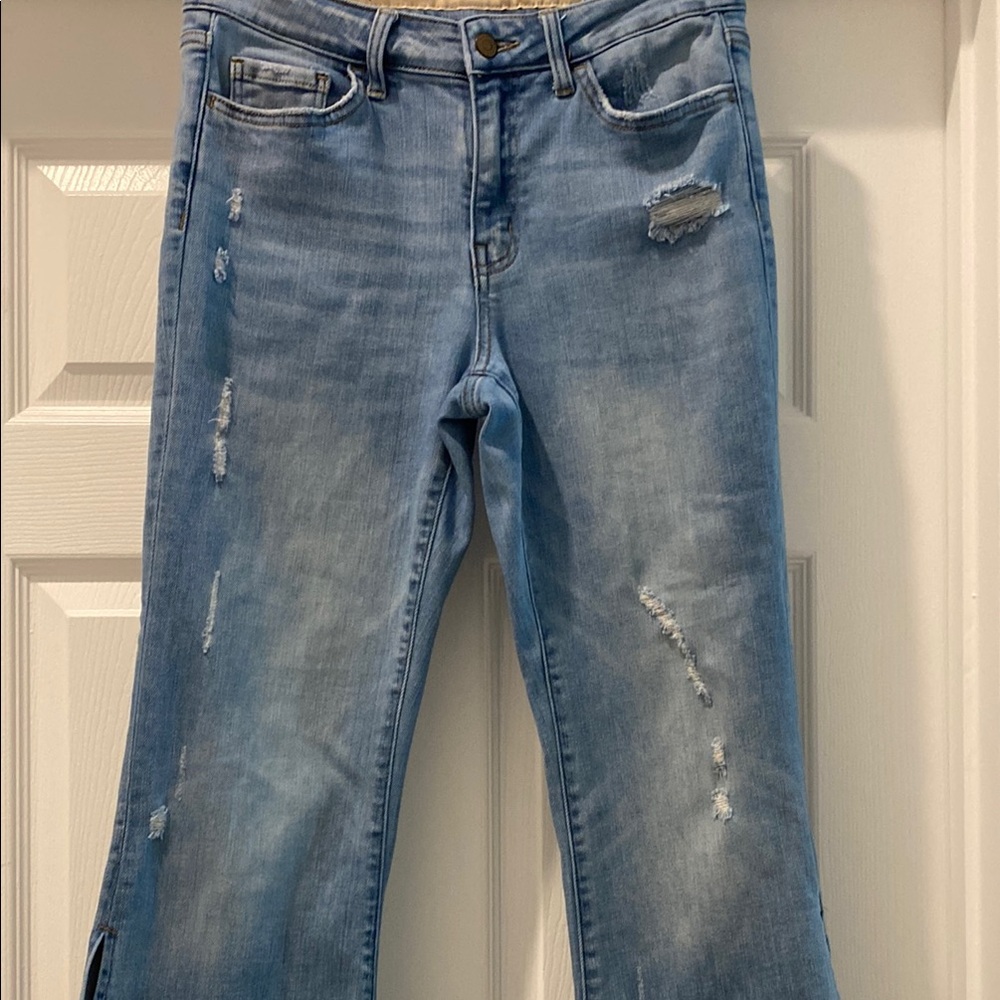 Flare Blue Denim Jeans with Distressed Details
